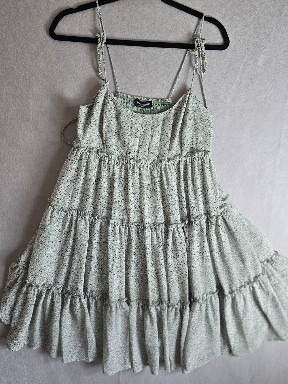 Tiered Tie-Shoulder Sundress in Light Sage Green Animal Print Babydoll Mini L